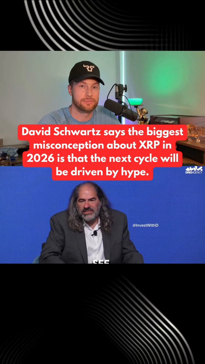 The image features a poster with two men, one wearing a baseball cap and the other wearing a suit, sitting behind microphones. The caption reads "RIPPLE XRP: David Schwartz says the biggest misconception about XP in 2016 is that the next cycle will be driven by hype." This statement seems to be related to the content of the post on social media or a podcast.