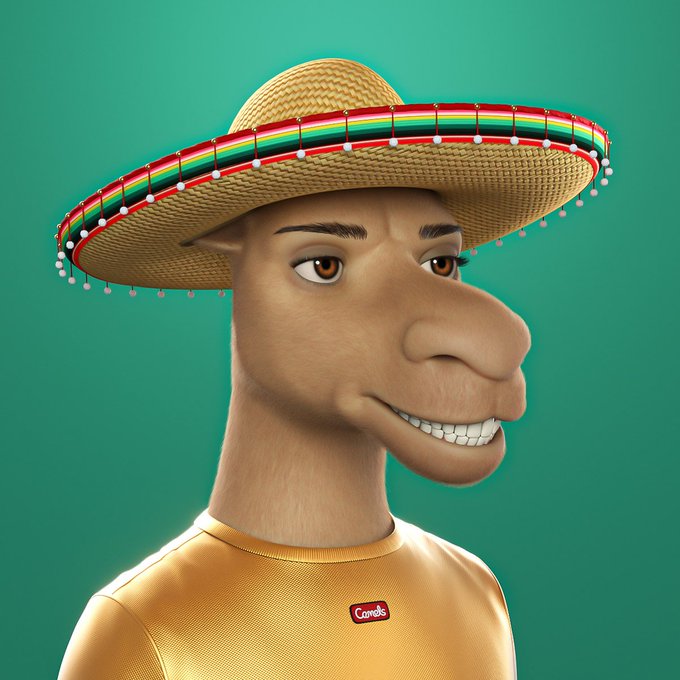 A 3D-rendered camel character with an exaggerated snout and a wide grin wears a straw sombrero trimmed in red, green, and white stripes with dangling pom-poms, posing against a teal background. The accompanying "Camels" branded shirt and Taco Tuesday post tie the festive Mexican theme to the $wTURTLE project at camelsnft.io.