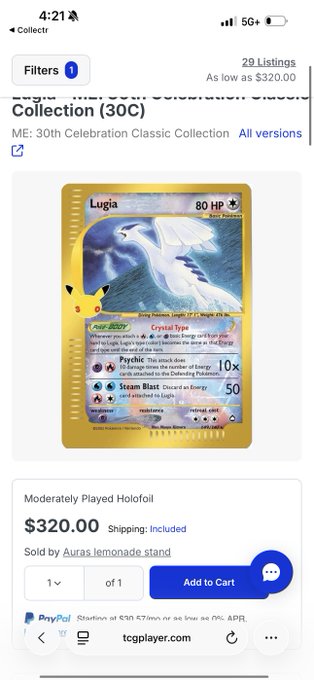 A TCGplayer mobile listing shows a Lugia card from the 'Collection (30C) - ME: 30th Celebration Classic Collection' priced at $320.00.