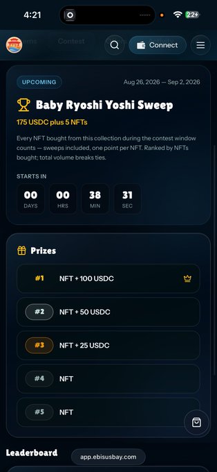 A mobile screenshot of an EbisuBay contest titled 'Baby Ryoshi Yoshi Sweep' with a prize pool of 175 USDC plus 5 NFTs, showing a countdown timer and prize tiers from #1 to #5.