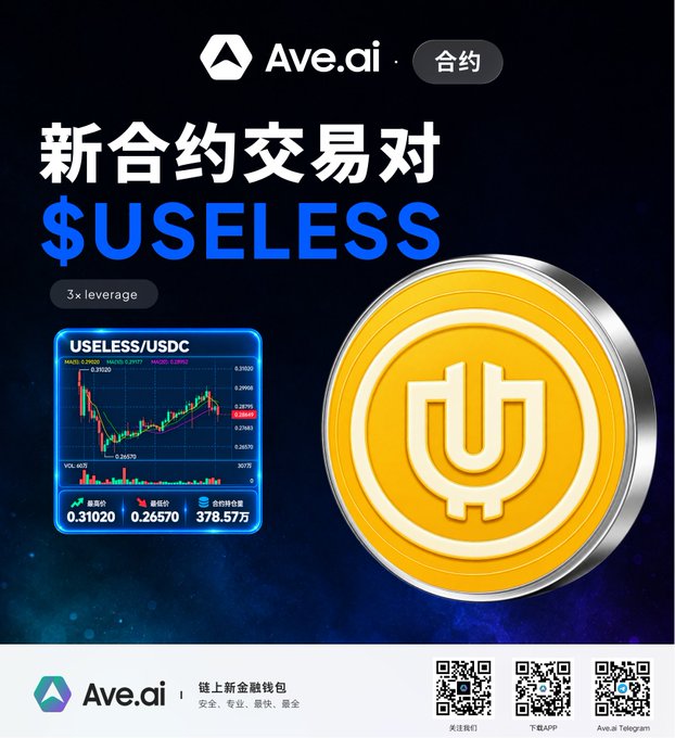 An Ave.ai promotional graphic announces a new contract trading pair for $USELESS with 3x leverage, displaying a USELESS/USDC candlestick chart and a large gold USELESS coin.