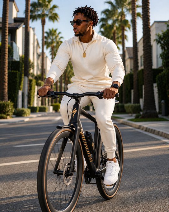 An AI-generated or stylized image shows a man with dreadlocks wearing sunglasses and a white outfit, riding a black Specialized bicycle down a palm tree-lined street.
