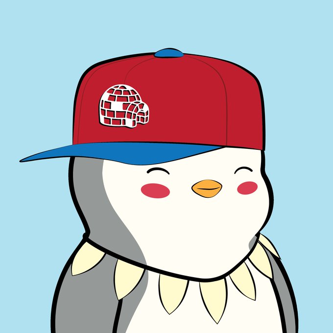 A cartoon penguin with closed eyes and pink cheeks wearing a red and blue cap featuring a brick-patterned skull logo.