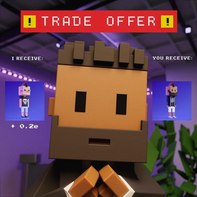 A Meebit character with a beard presents a "! TRADE OFFER !" banner, offering a purple-haired Meebit plus "+ 0.2e" in exchange for a different Meebit, illustrating the community trade program mentioned in the post.