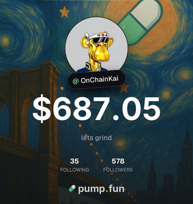 Profile page for '@OnChainKai' showing a value of '$687.05', '35 FOLLOWING', '578 FOLLOWERS', and a 'pump.fun' logo, set against a Van Gogh 'Starry Night' style background.