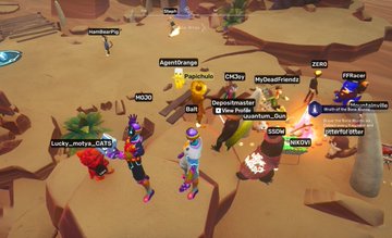The image shows an online gaming community with several players gathered around a desert-like area within a game. The players are engaged in a multiplayer game, interacting with each other through chat messages or voice communications. Some of them have their characters standing on top of a cliff, while others are exploring the surroundings. The post about this event is titled "A warm Sunday evening and another great event in @OthersideMeta with @Papichulomeme The best events are the ones that don' t feel like events at all. You show up for a bit, lose track of time and end up staying much longer than planned". This post highlights the fun and social aspect of online gaming communities, where players can connect and enjoy themselves together in a virtual world.