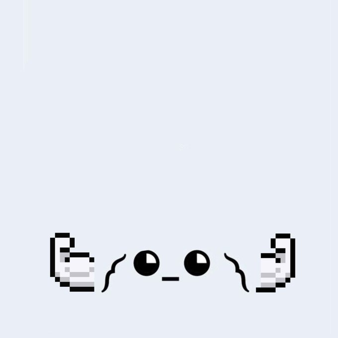 A pixel-art style emoticon face with wide eyes and a flat mouth, with pixelated hands raised in a shrugging or frustrated gesture against a gray background.