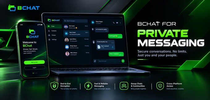 A promotional banner for "BCHAT" messaging app displayed on a laptop and smartphone, highlighting features like End-to-End Encryption, Fast & Reliable Messaging, Group Chats & Communities, and Cross-Platform Access.