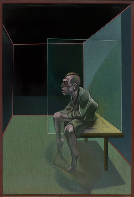 The image features a painting of a man sitting alone on a bench, with his legs crossed. The painting has a dark green color scheme that contrasts with the white background. The artist's signature "timso" can be seen at the bottom left corner of the painting.