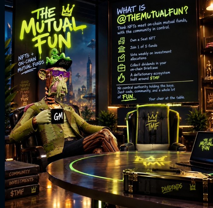 Promotional artwork for 'THE MUTUAL FUN' featuring a green-skinned character wearing a crown, surrounded by text explaining NFTs + on-chain mutual funds and the $TMF ecosystem.