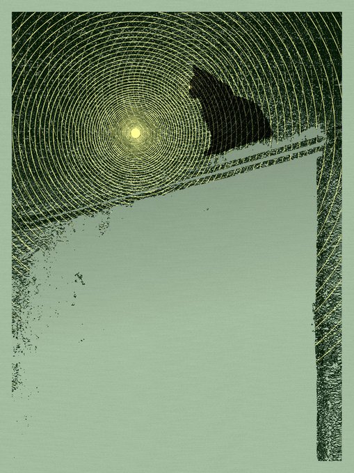 An abstract green and black textured artwork featuring concentric circular lines resembling a tunnel or vortex, with dark smudged shapes extending to the right.