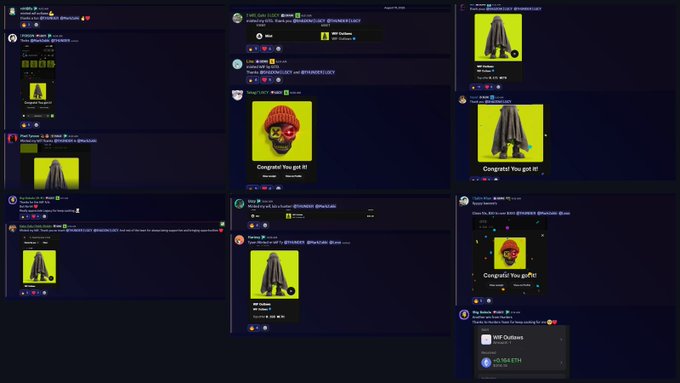 A screenshot showing multiple Discord message notifications featuring congratulatory NFT giveaways with a Bored Ape-style avatar on a yellow background.
