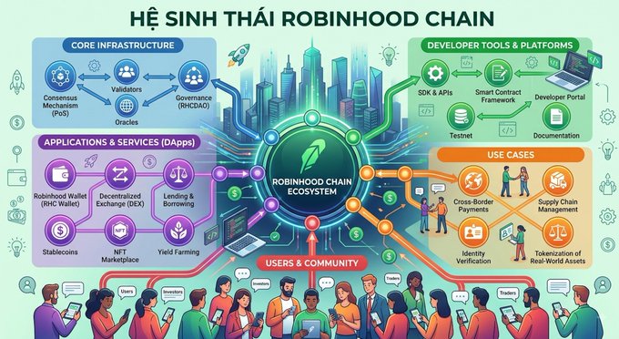 An infographic titled 'HỆ SINH THÁI ROBINHOOD CHAIN' illustrating the Robinhood Chain ecosystem, divided into sections: Core Infrastructure (Consensus Mechanism PoS, Validators, Governance RHCDaO, Oracles), Developer Tools & Platforms (SDK & APIs, Smart Contract Framework, Testnet, Developer Portal, Documentation), Applications & Services (Robinhood Wallet RHC Wallet, DEX, Lending & Borrowing, Stablecoins, NFT Marketplace, Yield Farming), Use Cases (Cross-Border Payments, Supply Chain Management, Identity Verification, Tokenization of Real-World Assets), and Users & Community.