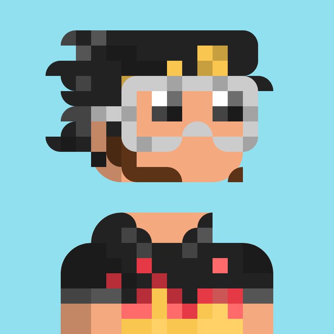 A pixel art illustration of a character with black hair, grey glasses, and a white mustache, wearing a black shirt with red and yellow pixelated details against a light blue background.