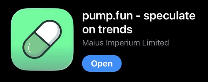 An app store listing for 'pump.fun - speculate on trends' by Maius Imperium Limited, featuring a green icon with a pill graphic and a blue 'Open' button.