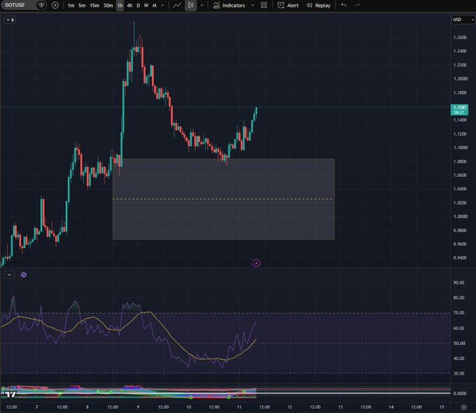 A DOTUSD cryptocurrency trading chart on a dark background, showing a price peak around 1.2600 followed by a decline, with technical indicators including RSI displayed below.