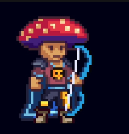 A pixel art character wearing a red mushroom cap and holding a blue bow, reminiscent of retro RPG sprites.