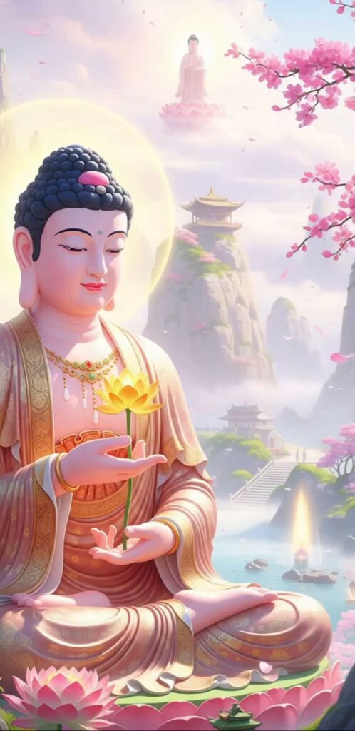 The image features a large Buddha statue sitting cross-legged with its hands resting on its lap, holding a lotus flower. The Buddha is surrounded by pink flowers and trees, creating a serene and peaceful atmosphere. In the background, there are mountains that add depth and grandeur to the scene. The post includes text that reads "Chúc ngày mới bình an nhé mọi người. Build X thì sẽ nhận pay nhiều. Build dự án nào thành công dự án đó." The Buddha statue is the main focus of the image, and it appears to be in a peaceful setting surrounded by nature.
