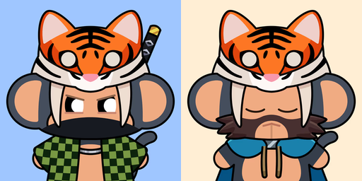 A cartoon illustration shows two mouse-like characters wearing tiger headgear, one dressed as a ninja in a green checkered shirt and the other in a blue top.