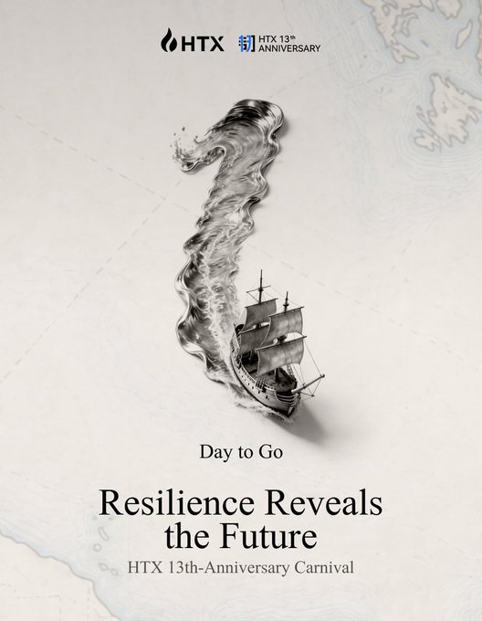 The image is a promotional poster for the HTX 13th-Anniversary Carnival, featuring a sailing ship navigating through a swirling water-shaped number "13" on a map-like background, with the text "Day to Go: Resilience Reveals the Future." It ties to the post by counting down to the August 13th event celebrating 13 years of HTX's resilience and forward-looking spirit.