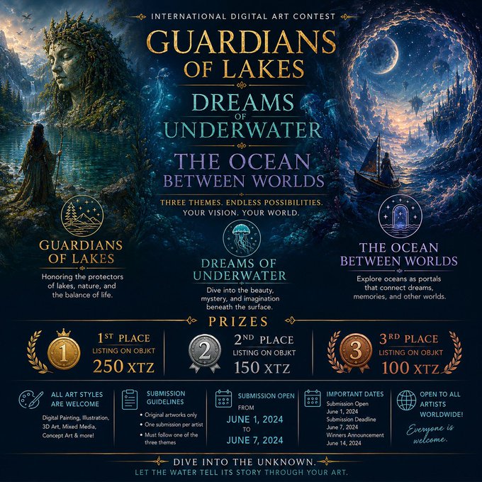 The image features a poster for an international contest called "Guardians of Lakes" that takes place at the lakeside. The poster showcases three different themes related to underwater environments, including "Dreams of Underwater - The Ocean Between Worlds", "The Ocean Between Worlds", and "The Ocean". There are also prizes listed on the poster, indicating that artists can submit their artwork for judging in these themes. The contest is open worldwide, and artists have until June 7th to submit their work.