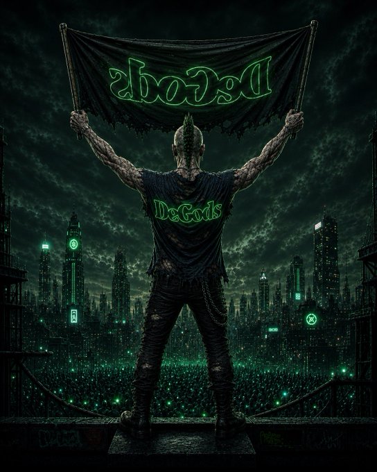 A dark, cyberpunk-style artwork showing a muscular figure from behind holding up a banner with 'DeGDis' written in green, overlooking a cityscape at night.