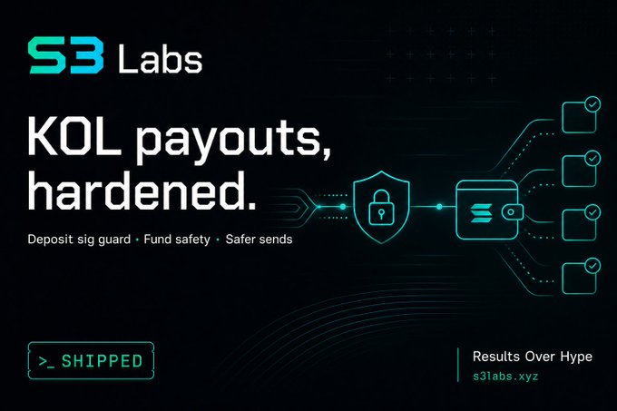 A promotional graphic for "S3 Labs" features the headline "KOL payouts, hardened," with sub-points "Deposit sig guard • Fund safety • Safer sends." It includes a ">_ SHIPPED" badge and the website "s3labs.xyz" against a dark background with circuit-like teal graphics.