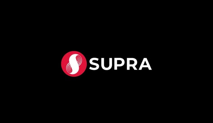 A logo on a black background featuring a red circular emblem with a stylized white 'S' design alongside the word 'SUPRA' in white text.