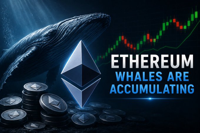 The image features an illustration of a whale surrounded by stacks of coins, with the text "ETHEREUM WHALES ARE ACCUMULATING" above the scene. The whale appears to be swimming towards the bottom right corner of the image while the coins are scattered around it in various positions. The background is dark blue and has a gradient effect that transitions from light at the top left to darker shades as it moves down, creating an immersive atmosphere for the viewer.