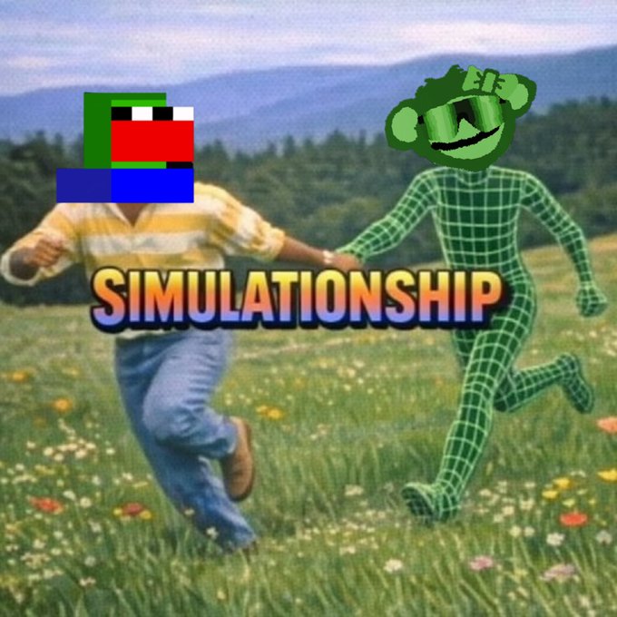 A meme image shows two figures with pixelated and cartoon frog heads running through a field, overlaid with the text "SIMULATIONSHIP."