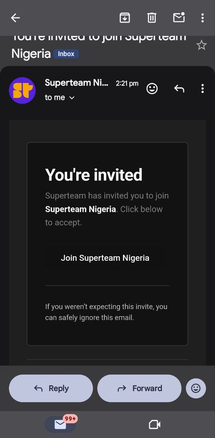 An email from Superteam Nigeria sent at 2:21 pm inviting the user to join their team. The post celebrates the achievement of becoming a Superteam NG member after winning 30 bounties, with this email serving as the official invitation proof.