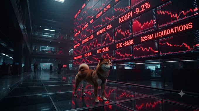 A Shiba Inu dog standing in a dark stock exchange lobby with red trading screens displaying 'KOSPI -9.2%' and 'BTC $53K $253M LIQUIDATIONS'.