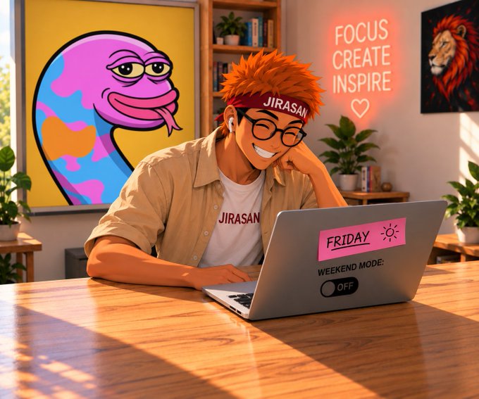An anime-style illustration of a smiling orange-haired man wearing glasses and a 'JIRASAN' headband working on a laptop with a 'FRIDAY' sticker in a cozy room with neon 'FOCUS CREATE INSPIRE' wall art.