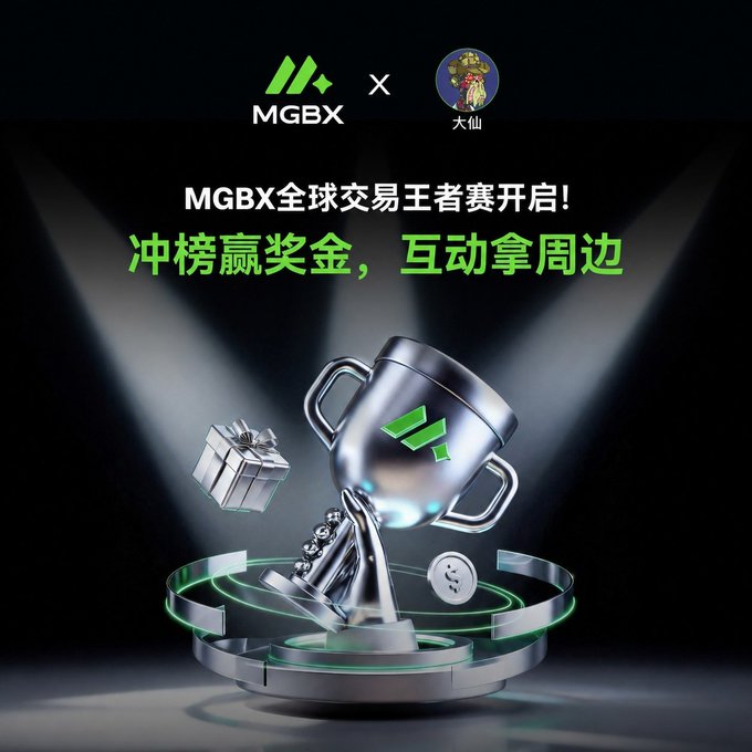 A promotional graphic for an MGBX global trading king competition in Chinese, featuring a silver trophy with the MGBX logo and a small character avatar.