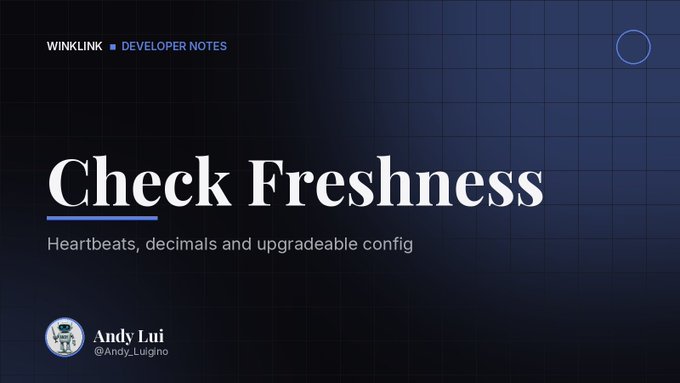 A presentation slide titled 'Check Freshness' for WinkLink Developer Notes by Andy Lui (@Andy_Luigino), with text reading 'Heartbeats, decimals and upgradeable config'.