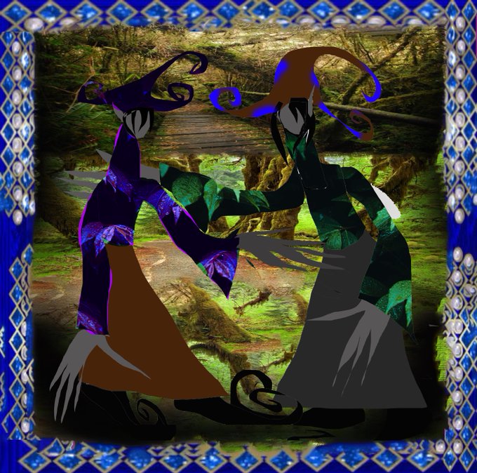 A digital artwork featuring two silhouetted witches with pointed hats, one in purple and one in green, standing in a mystical forest setting framed by a blue patterned border.
