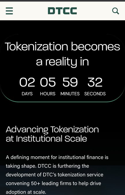 A mobile app screenshot from DTCC showing a countdown timer (02 days, 05 hours, 59 minutes, 32 seconds) for 'Tokenization becomes a reality,' promoting 'Advancing Tokenization at Institutional Scale' with 50+ leading firms.