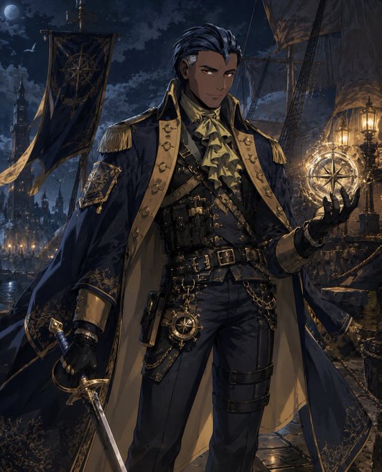 A digital illustration depicts a dashing dark-haired pirate captain in an ornate navy and gold coat, holding a glowing compass at night with a castle and ship in the background.