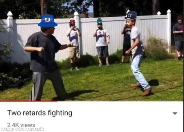 A YouTube thumbnail titled 'Two retards fighting' showing two boys about to fight in a backyard while onlookers watch, with one boy edited to wear a blue 'ny' hat and the other a Dallas Cowboys helmet.