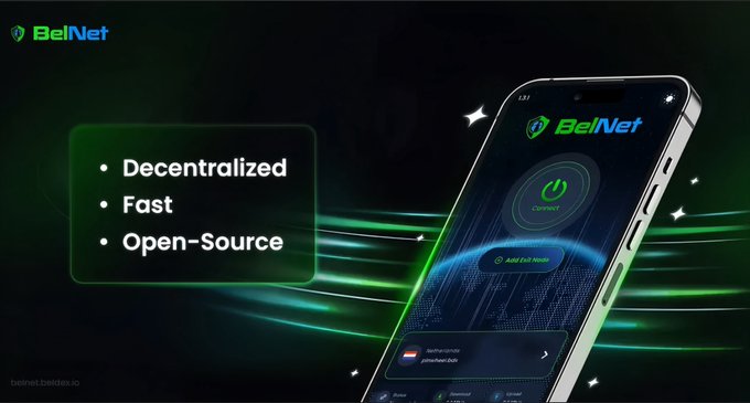A promotional graphic for 'BeINet' featuring a smartphone displaying the app, alongside a green box highlighting its key features: 'Decentralized', 'Fast', and 'Open-Source', with the website 'beinet.beidea.io' in the corner.