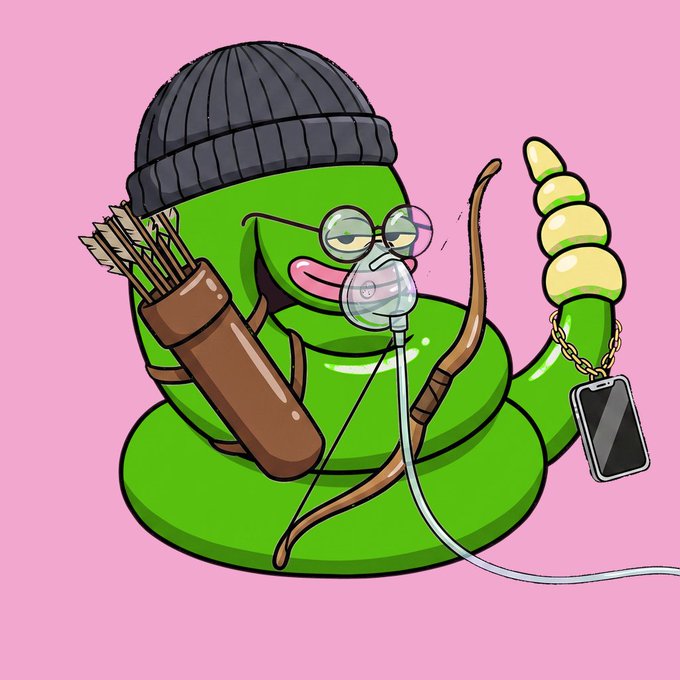 A cartoon illustration of a green snake wearing a beanie and glasses, holding a bow and arrow with a quiver of arrows, blowing up a medical glove balloon, with a smartphone hanging from its tail, set against a pink background.