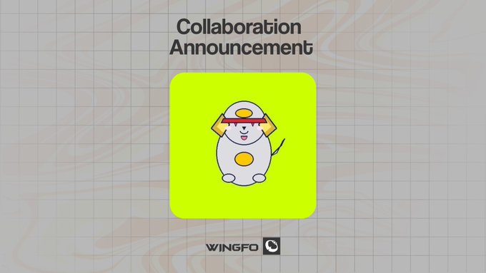 The image is a collaboration announcement graphic featuring a cute cartoon character on a yellow background, with "WINGFO" branding at the bottom, promoting a free NFT mint on the Robinhood chain with a supply of 5555 and 18 guaranteed giveaways for participants following Wingfo and PuppsHood.