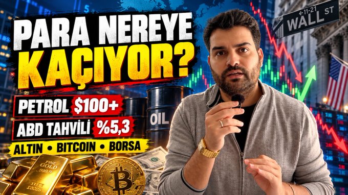 A bearded man holds a microphone in front of a graphic reading 'PARA NEREYE KAÇIYOR?' with figures showing 'PETROL $100+', 'ABD TAHVİLİ %5,3', and 'ALTIN • BİTCOIN • BORSA' over images of gold bars, a Bitcoin, and oil barrels.