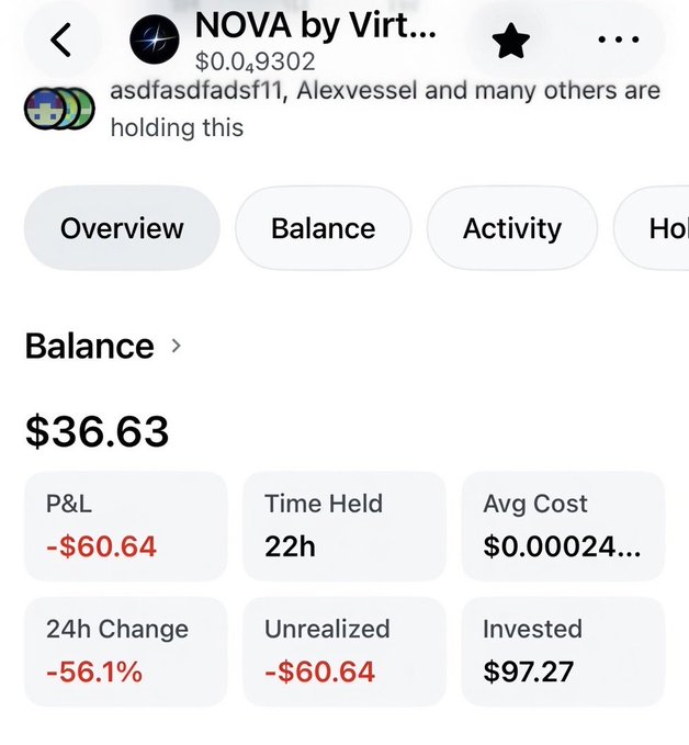 A crypto portfolio screenshot showing NOVA by Virtuals held for 22 hours with a -56.1% 24h change and -$60.64 unrealized loss on a $97.27 investment, illustrating the user's optimistic "CT is back" sentiment despite being down on this volatile new token.