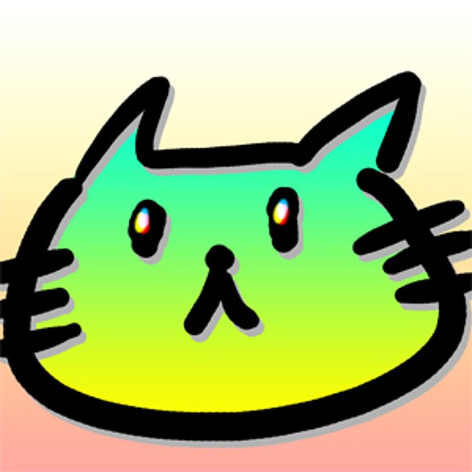 A simple cartoon drawing of a green-to-yellow gradient cat face with black outline against a soft pastel background.