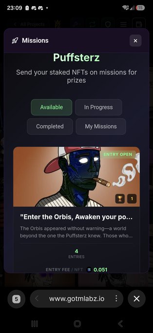 A mobile screenshot of a 'Puffsterz' Missions interface on gotmlabz.io, showing an Available tab with a mission titled 'Enter the Orbis, Awaken your po...' featuring a smoking character illustration, 4 entries, and an entry fee/net of 0.051.