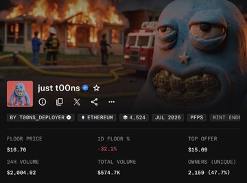 A dark NFT dashboard for 'just 100ns' shows floor price $16.76, 24h volume $2,004.92, and 1D floor change -32.1%, set against a surreal background of a giant face and burning house.