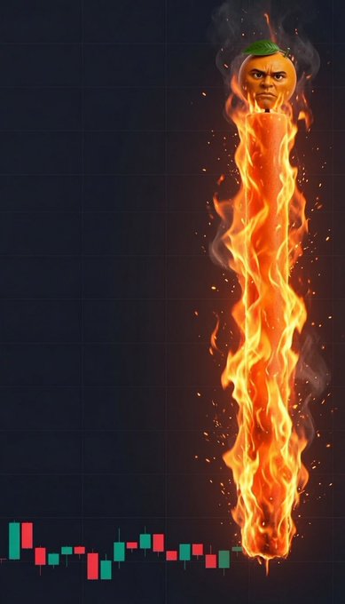 A cartoon orange engulfed in a towering pillar of flames rises above a candlestick chart, visually representing a "moonshot" price rally. The fiery ascent mirrors the post's rallying cry for $Udin holders, with Valhalla evoking mythical triumph as the token's value appears set to skyrocket.