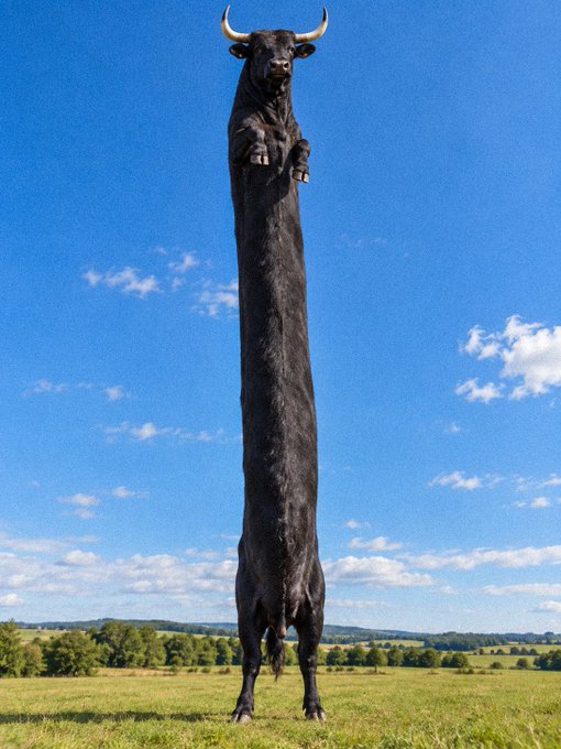 A surreal composite image showing a black bull's head with horns and front legs attached to an extremely tall, stretched black body, standing upright in a green grassy field under a blue sky with scattered clouds.