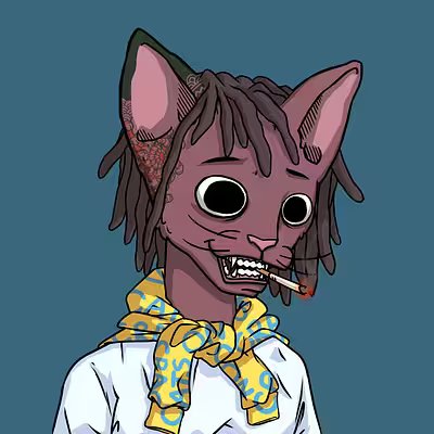 An illustration of an anthropomorphic cat character with dreadlocks and a cigarette in its mouth, wearing a white shirt and a patterned yellow and blue scarf.